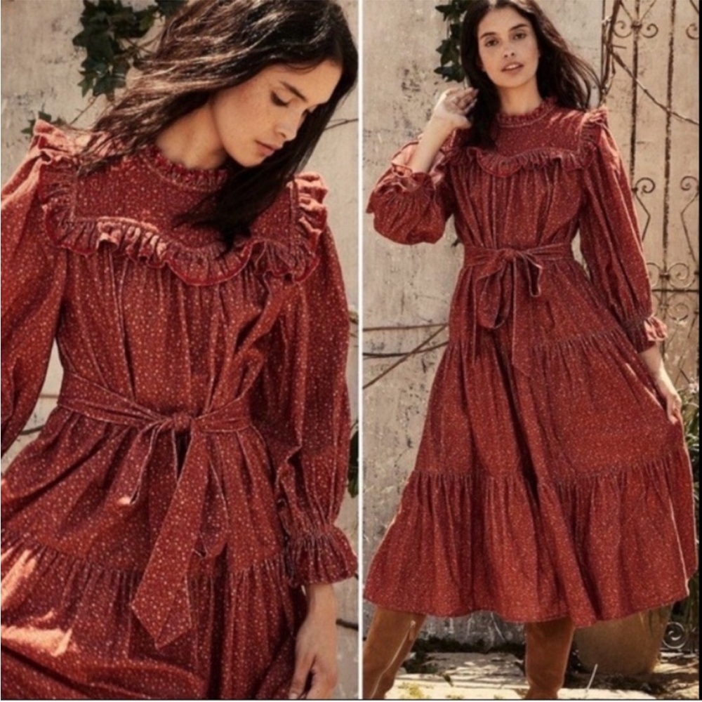Doen Rust Red Midi Dress with Tiny Print